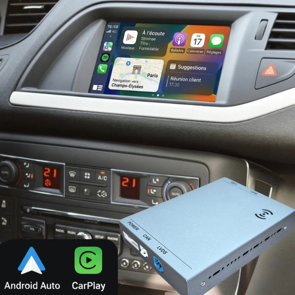 Boîtier CarPlay & Android Auto sans fil Citroën C5 (2008–2017) – Compatible NG4, RNEG, RNEG2