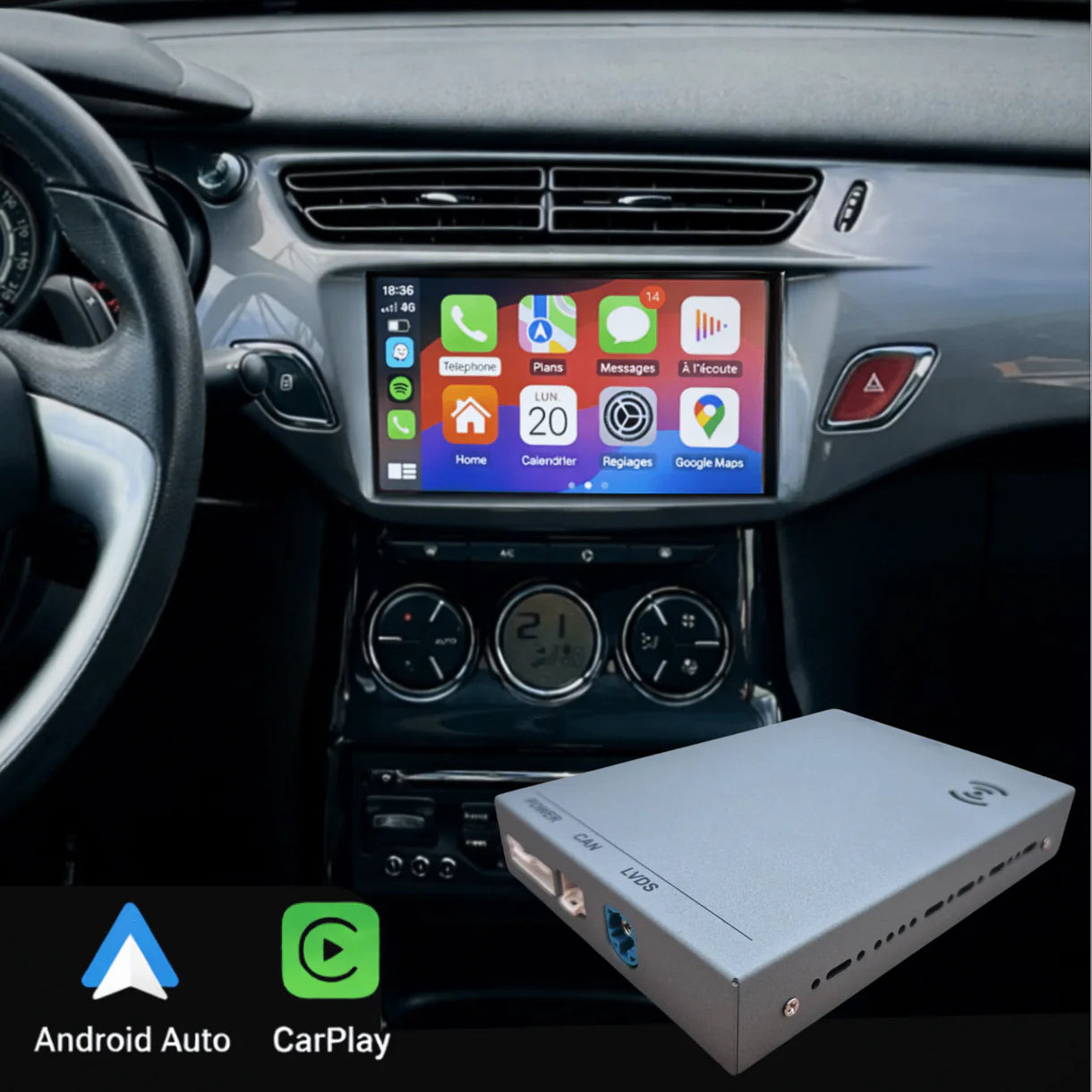 Boîtier Carplay et Android Auto pour Citroën C3 de 2013 à 2016 avec systèmes SMEG/SMEG+