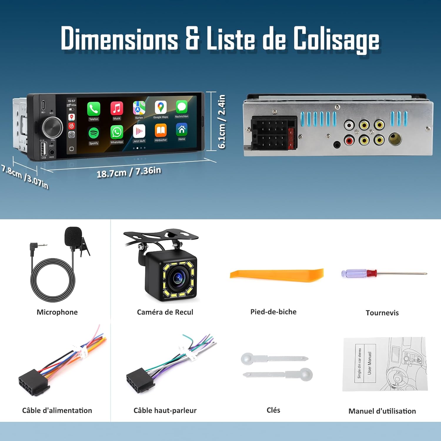 Autoradio universel Junsun 6,86 pouces 1 Din, lecteur MP5, Carplay sans fil, Android Auto, vidéo multimédia pour voiture, caméra de recul, écran tactile IPS 1280*480, Mirror Link, navigation GPS, Siri, BT, SWC, FM, MIC, AUX, USB Type-C, prise autoradio