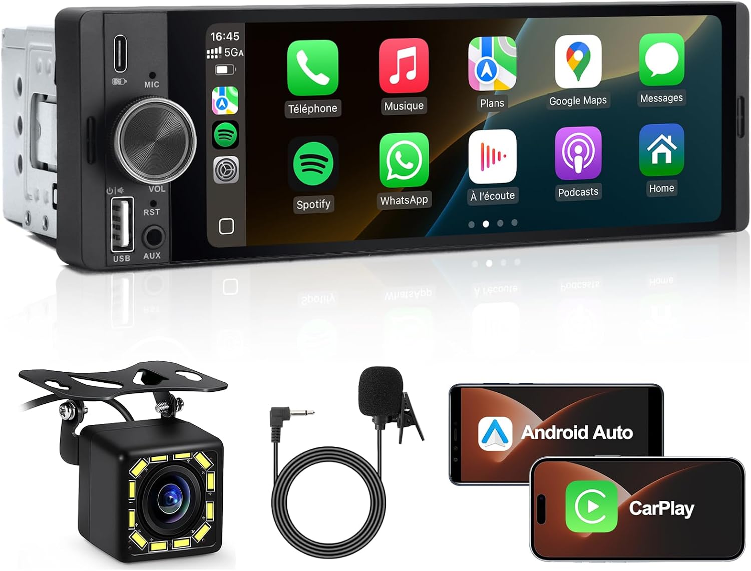 Autoradio universel Junsun 6,86 pouces 1 Din, lecteur MP5, Carplay sans fil, Android Auto, vidéo multimédia pour voiture, caméra de recul, écran tactile IPS 1280*480, Mirror Link, navigation GPS, Siri, BT, SWC, FM, MIC, AUX, USB Type-C, prise autoradio